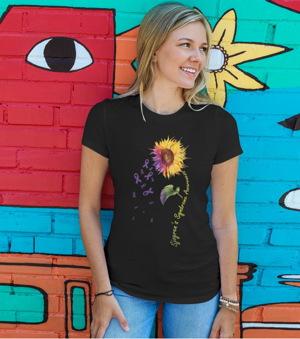 Sjogren's Syndrome Awareness Sunflower With Purple Ribbons T-Shirt