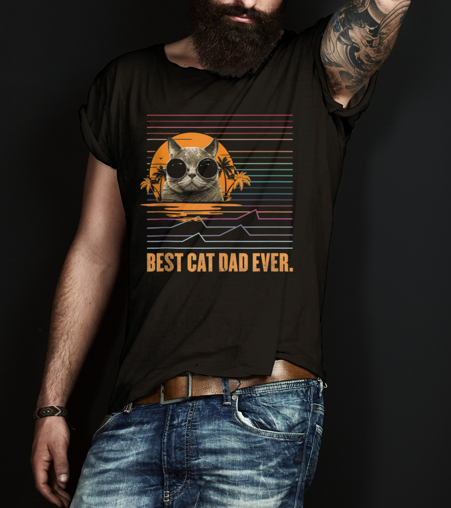 Best Cat Dad Ever Retro Sunset Cat With Sunglasses And Palm Trees T-Shirt