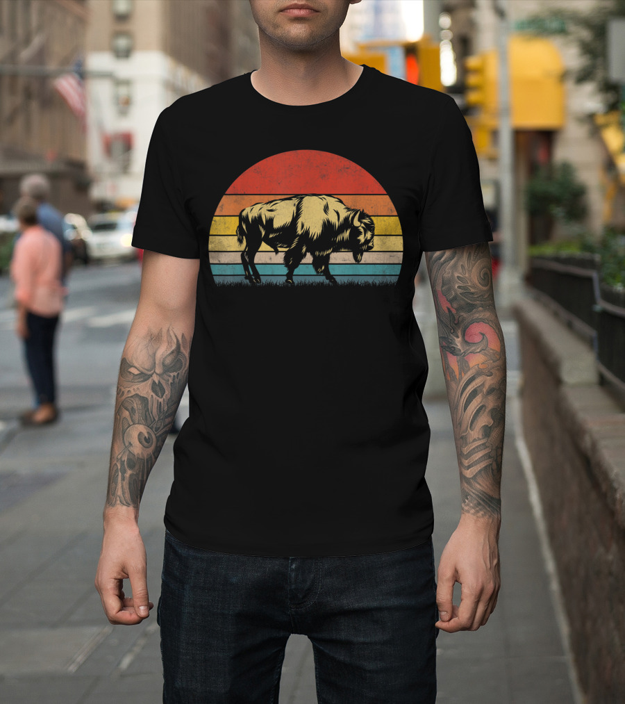 Buffalo Bison Sunset Vintage 70s Natur Retro Stripes T-Shirt