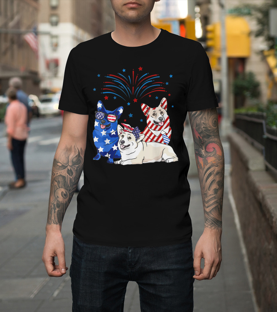 American Flag Stars and Stripes Corgi 4th of July Fireworks T-Shirt