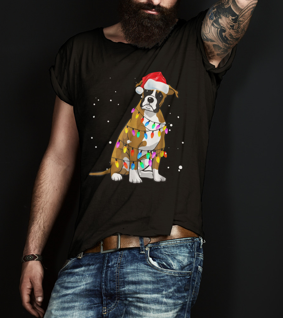 Boxer Dog Wrapped In Christmas Lights Wearing Santa Hat T-Shirt
