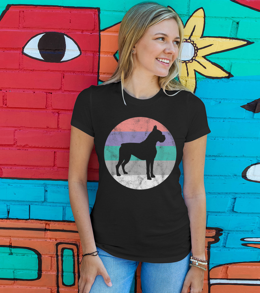 Boxer Dog Silhouette With Striped Circle Retro T-Shirt