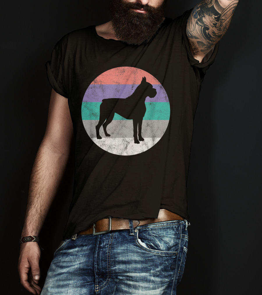 Boxer Dog Silhouette With Striped Circle Retro T-Shirt