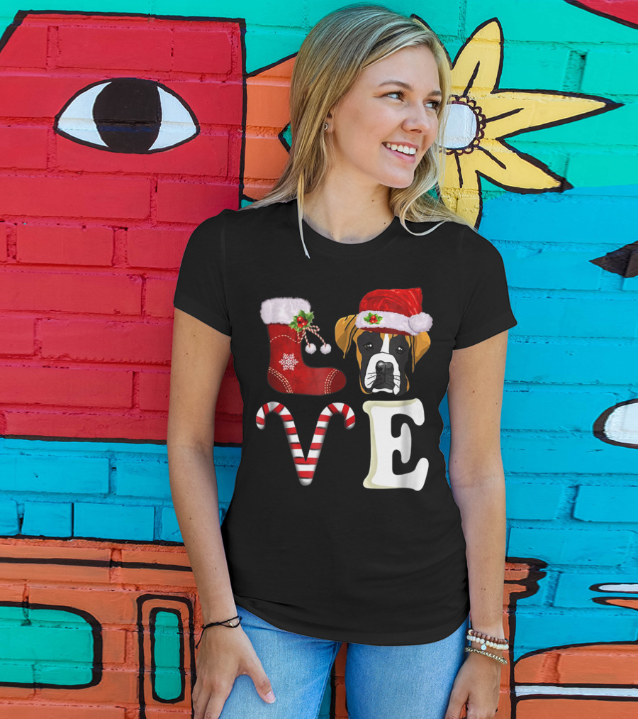 Boxer Dog Love Christmas Light With Santa Hat And Candy Cane T-Shirt