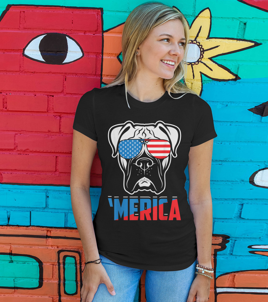 Boxer Dog In American Flag Sunglasses 'Merica Patriot T-Shirt