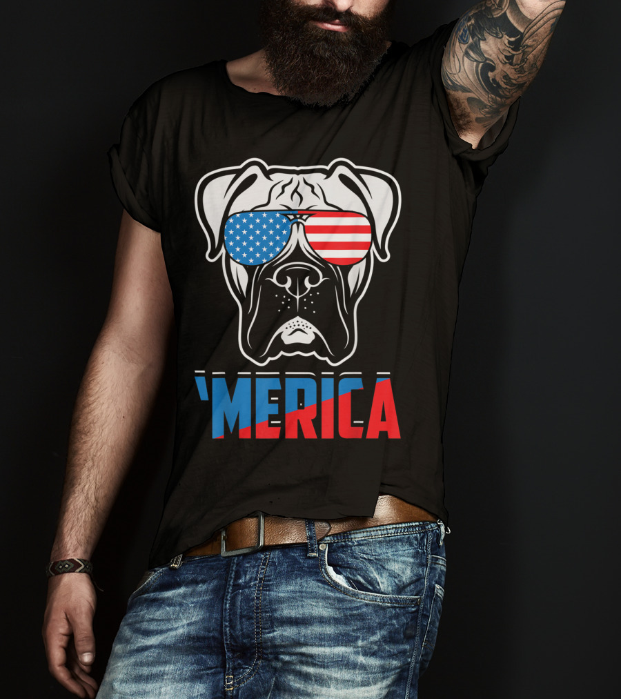 Boxer Dog In American Flag Sunglasses 'Merica Patriot T-Shirt