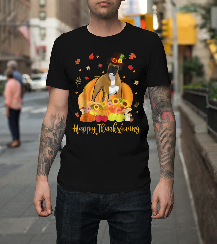 Thanksgiving Boxer Dog With Pilgrim Hat And Harvest Feast T-Shirt
