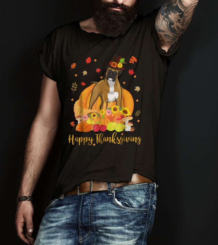 Thanksgiving Boxer Dog With Pilgrim Hat And Harvest Feast T-Shirt