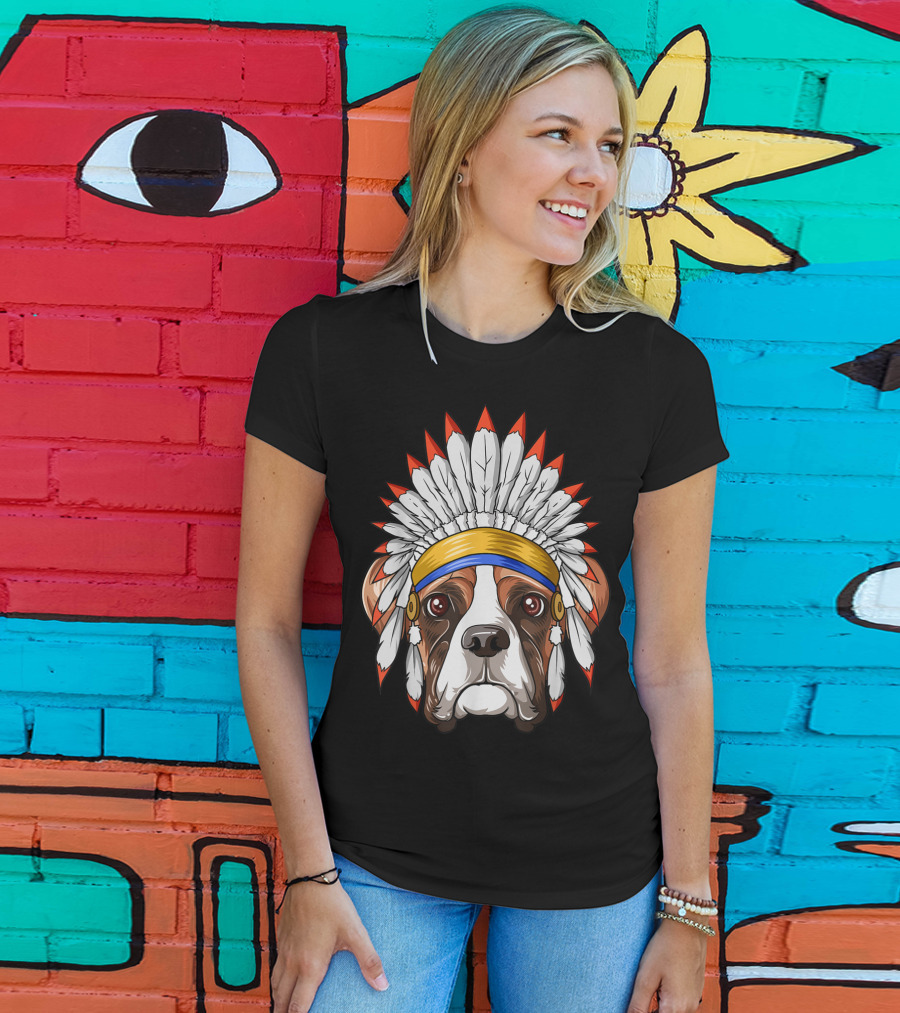 Native Indian American Boxer Feather Headdress Boxer Dog T-Shirt