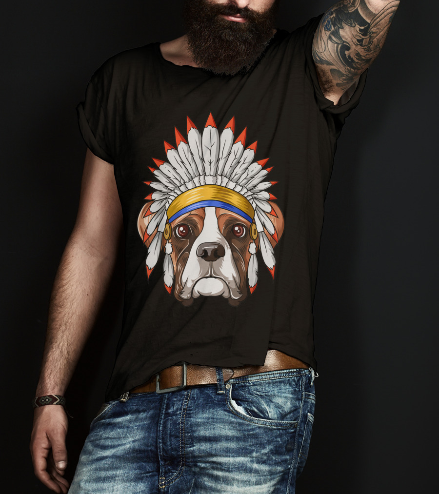 Native Indian American Boxer Feather Headdress Boxer Dog T-Shirt
