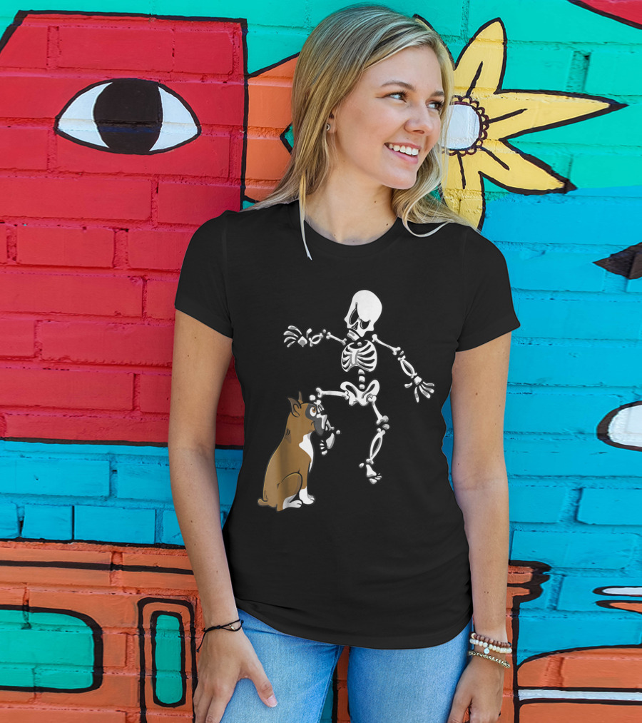 Boxer Dog Biting Skeleton Leg Halloween Dog Skeleton T-Shirt