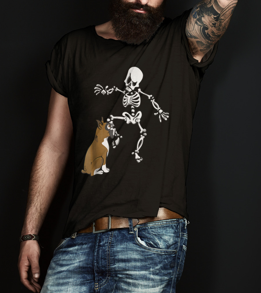 Boxer Dog Biting Skeleton Leg Halloween Dog Skeleton T-Shirt