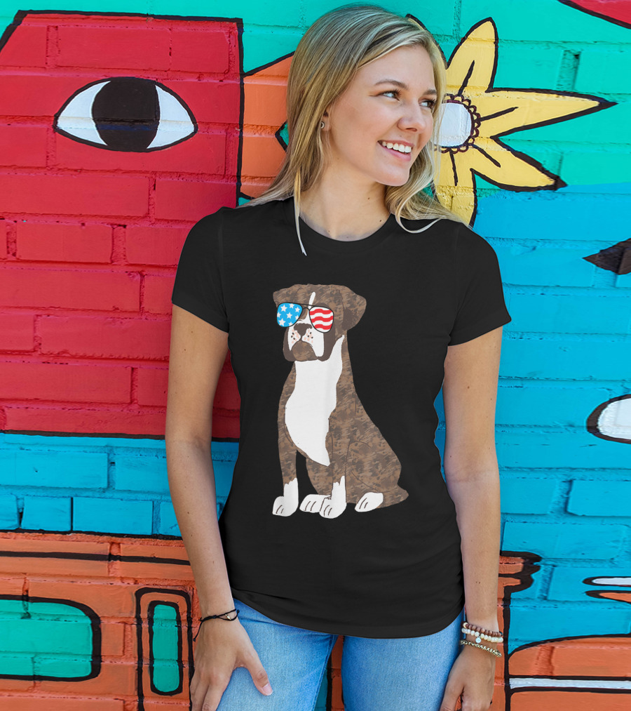 Patriotic Boxer Dog USA Flag Sunglasses Memorial Day T-Shirt