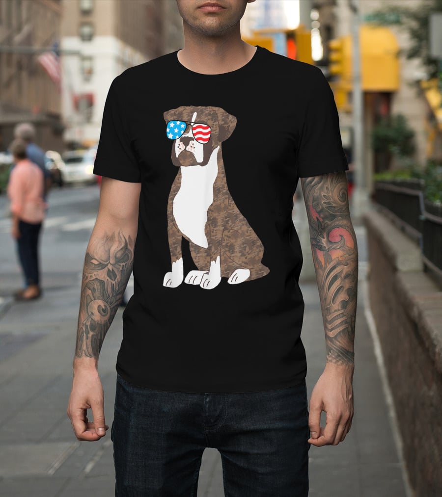 Patriotic Boxer Dog USA Flag Sunglasses Memorial Day T-Shirt