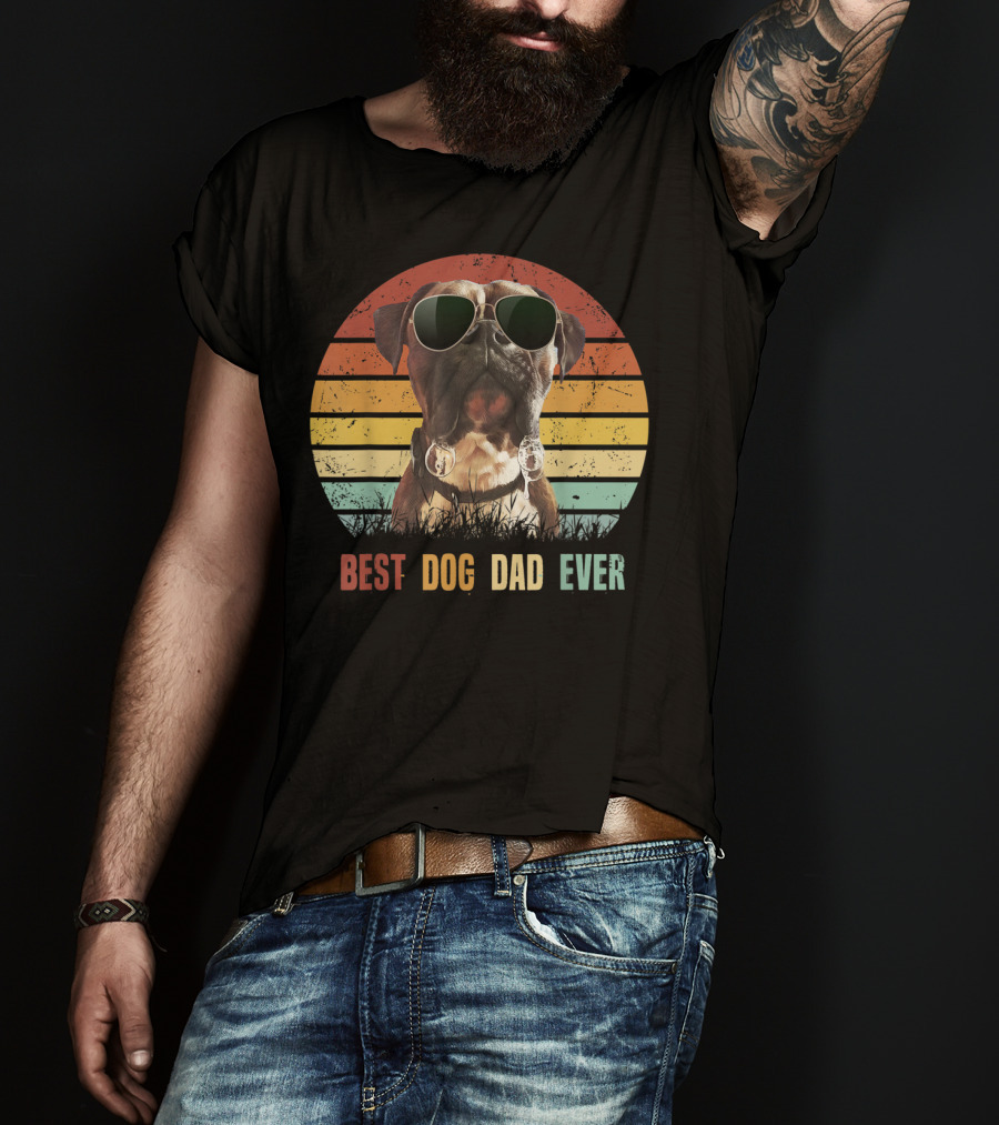 Mens Vintage Best Dog Dad Ever Boxer Dog Sunglasses Retro Sunburst T-Shirt