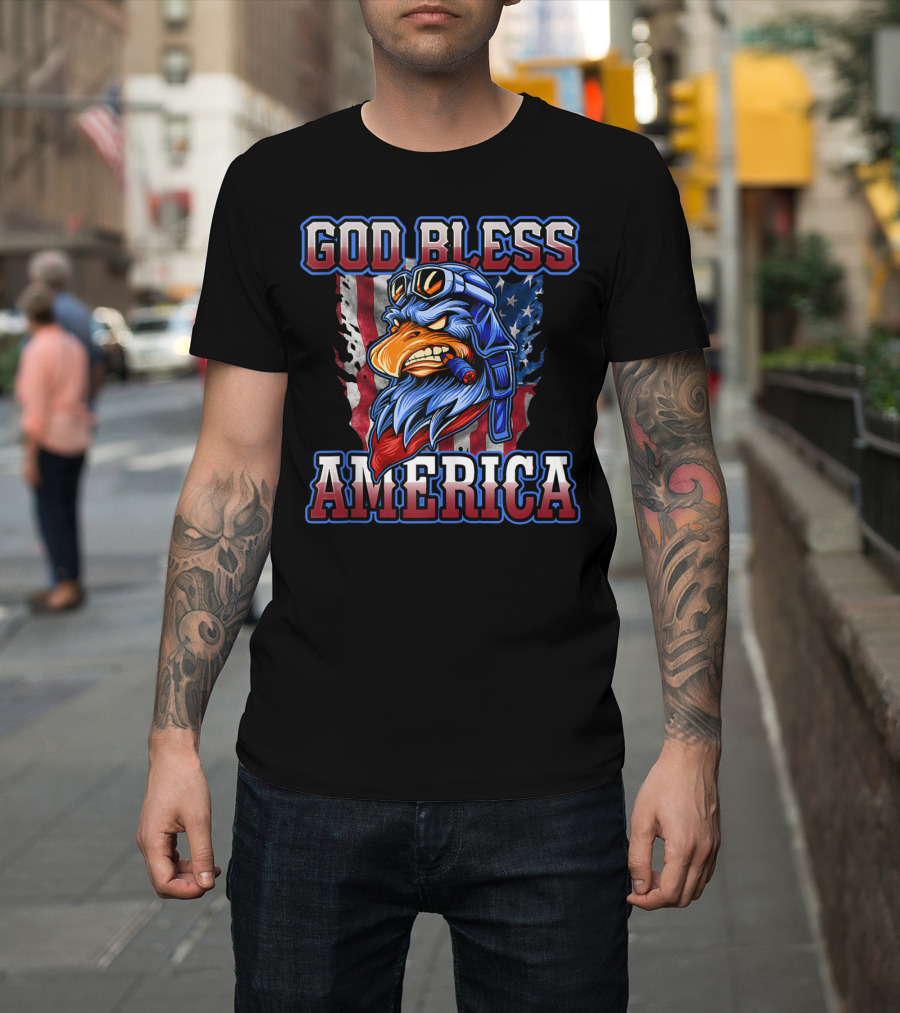 God Bless America Patriotic Eagle with American Flag Helmet and Goggles T-Shirt