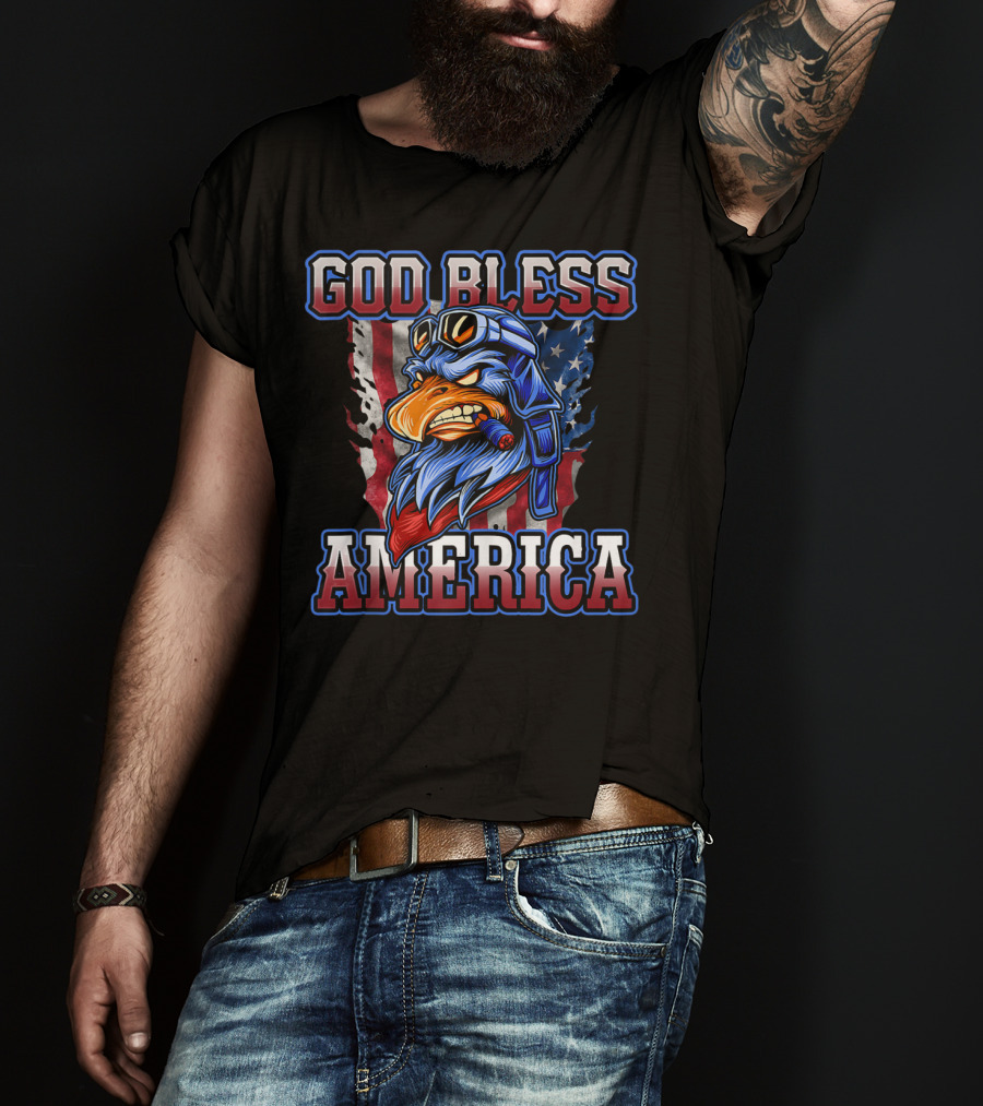 God Bless America Patriotic Eagle With American Flag Helmet And Goggles T-Shirt