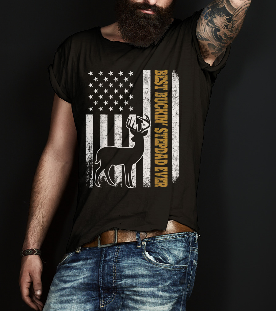 American Flag Best Buckin Stepdad Ever Deer T-Shirt