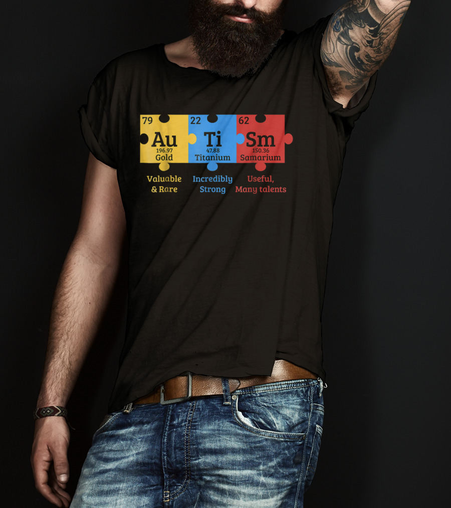 Autism Awareness Gold Titanium Samarium Elements Puzzle T-Shirt