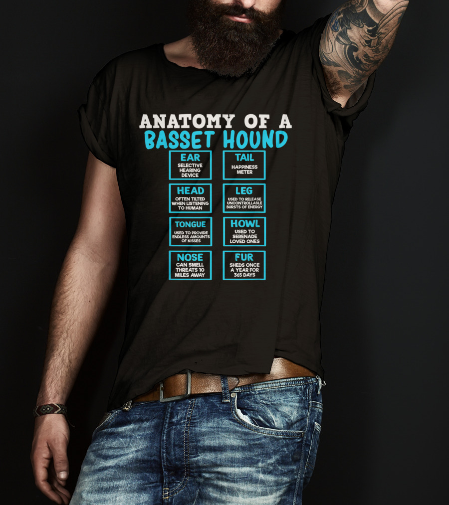 Anatomy Of A Basset Hound Ear Tail Head Leg Tongue Howl Nose Fur T-Shirt