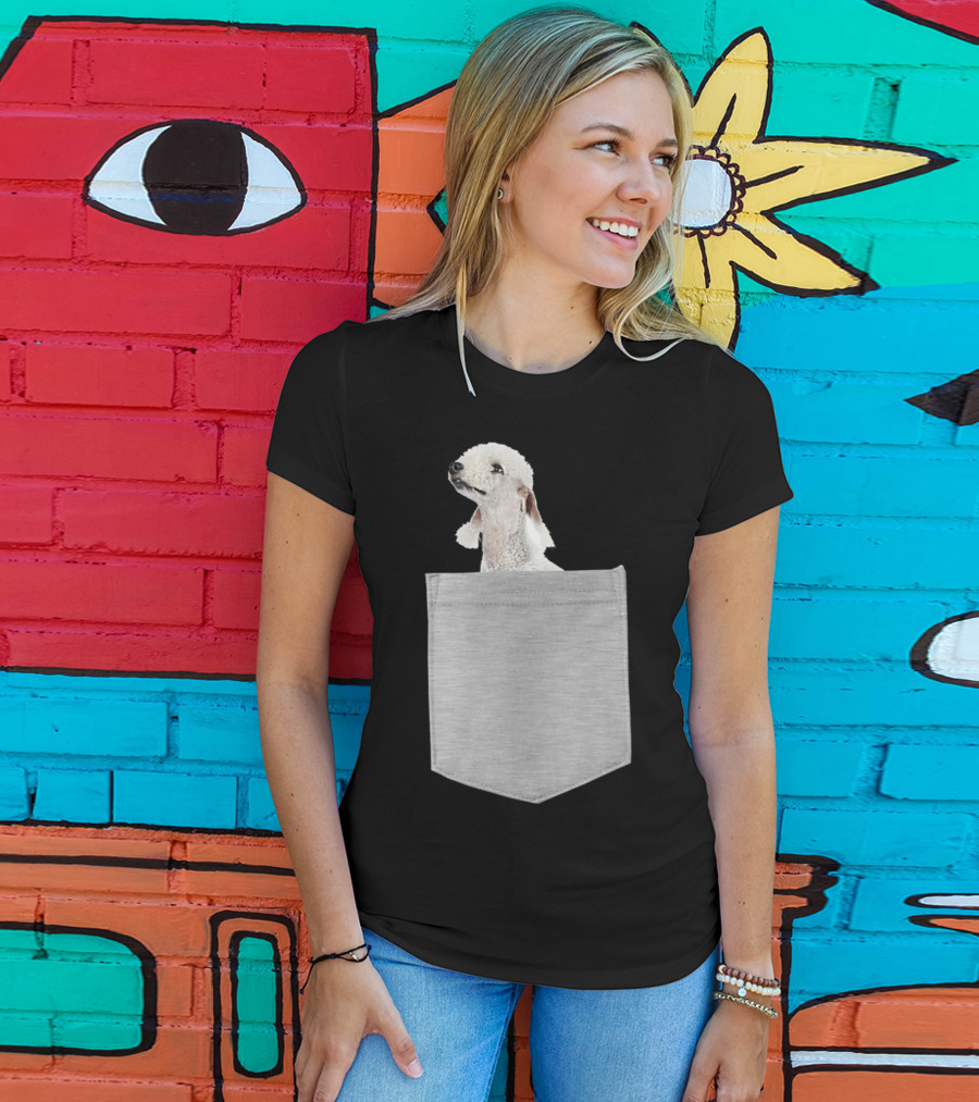 Bedlington Terrier Peeking From Gray Pocket T-Shirt