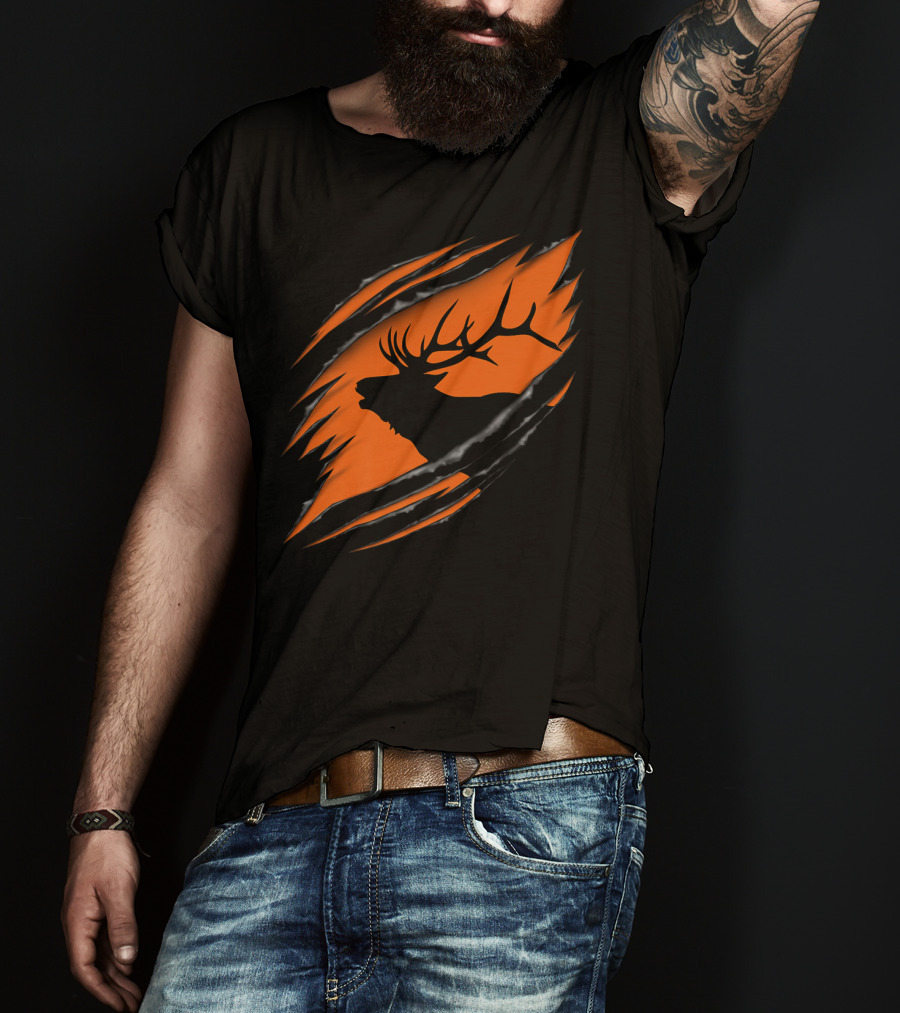 Elk Hunting Silhouette With Tear Marks On Orange T-Shirt