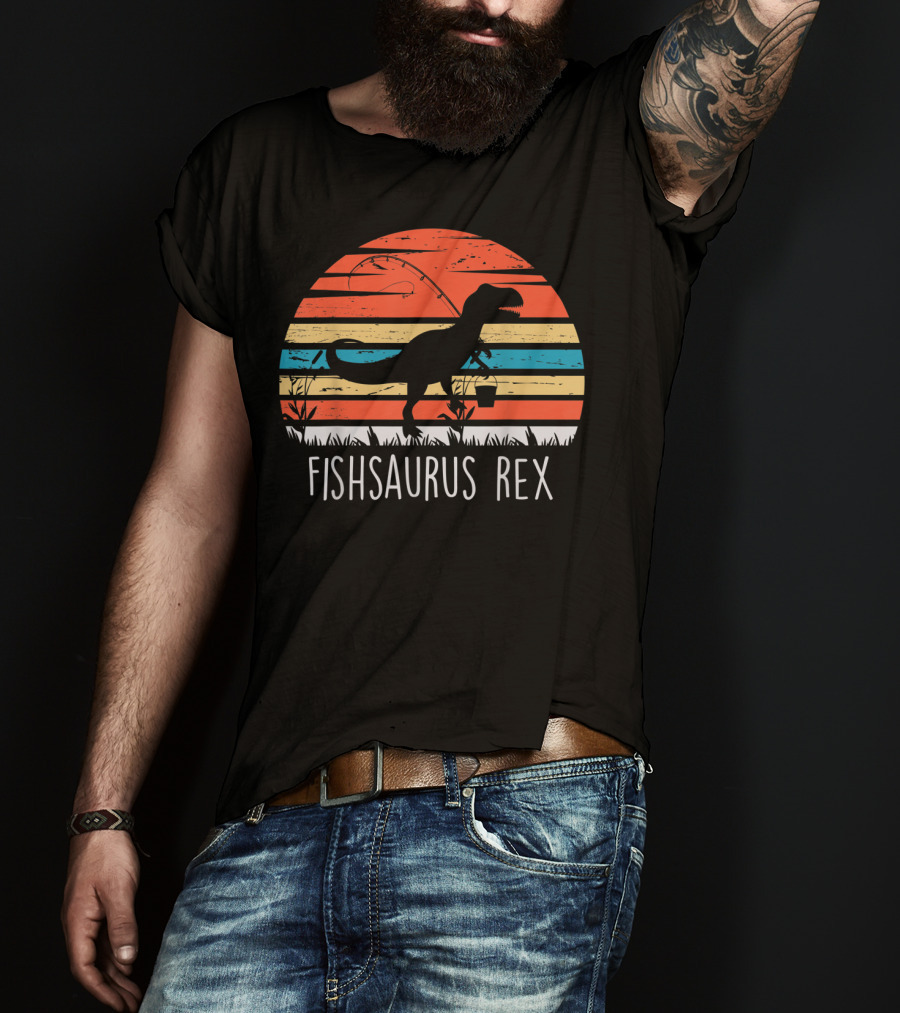 Fathers Day Fishsaurus Rex Dinosaur Fishing Vintage Sunset T-Shirt