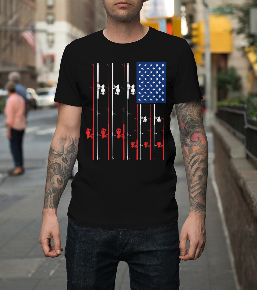 Fishing Rod US Flag Cute Fish Hunting American Patriotic Iconic T-Shirt