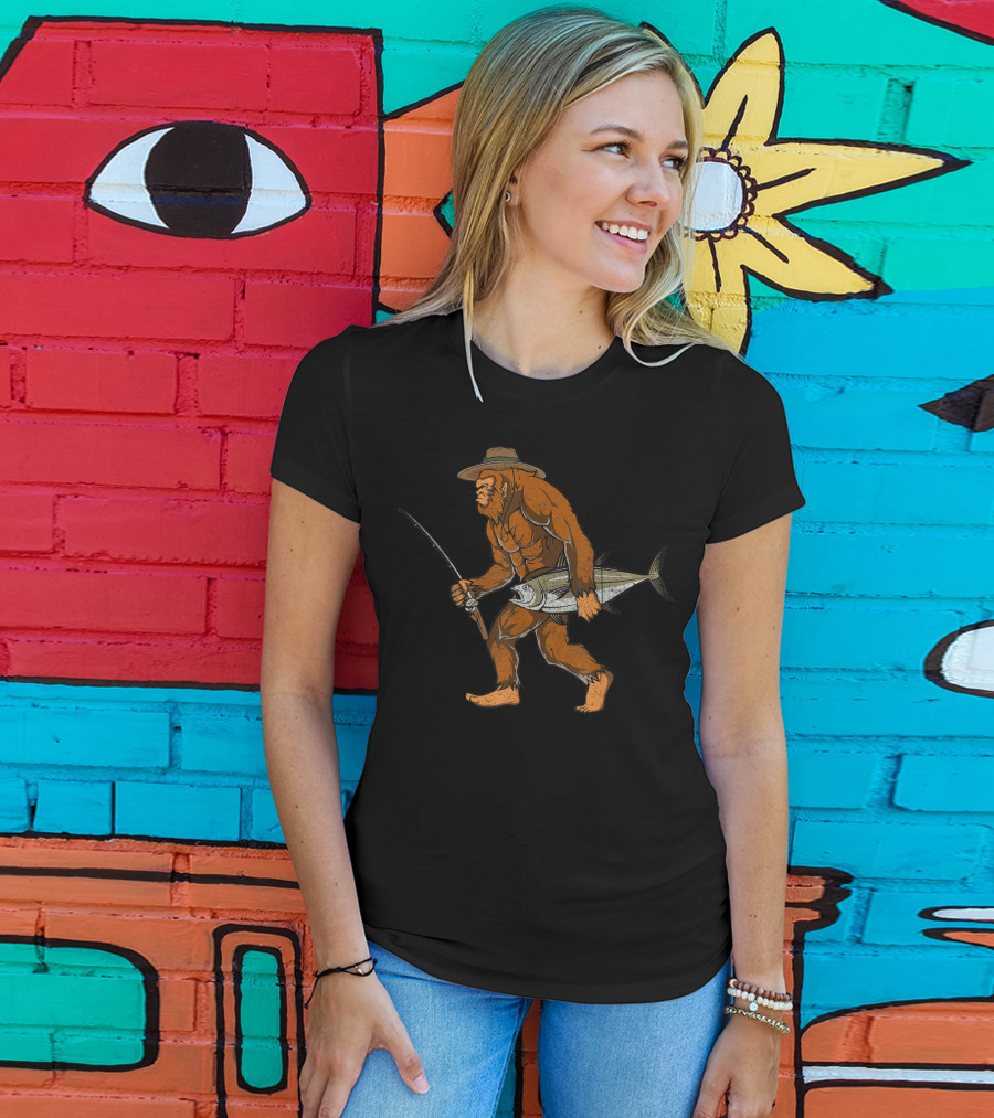 Bigfoot Bass Fisherman Catching Fish With Fishing Rod T-Shirt