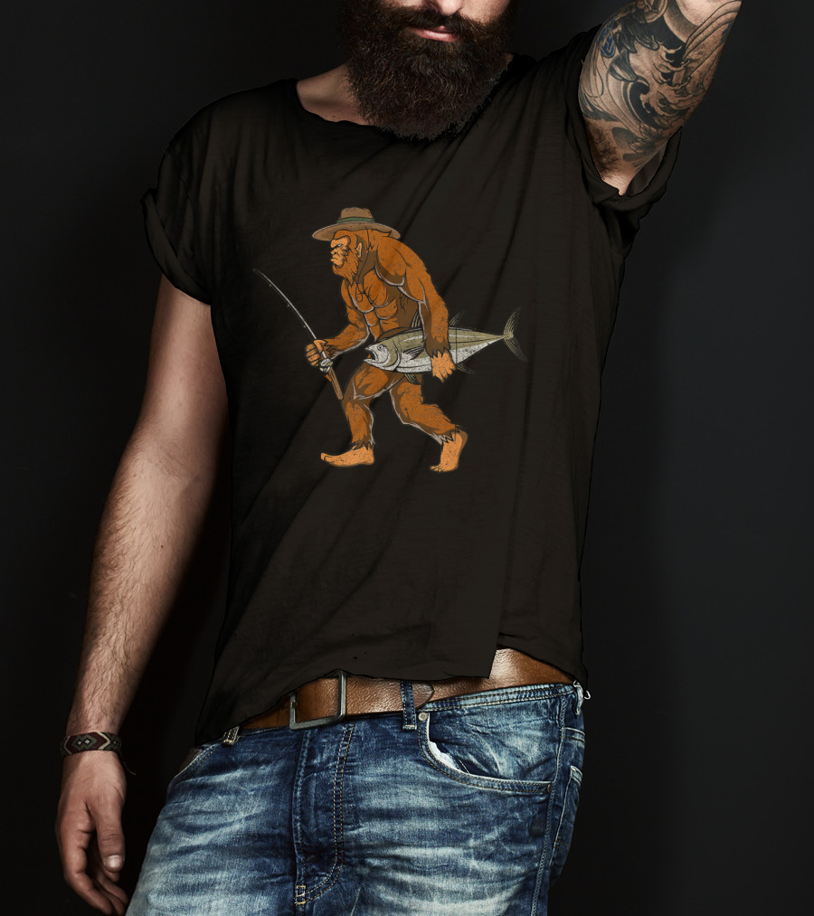 Bigfoot Bass Fisherman Catching Fish With Fishing Rod T-Shirt