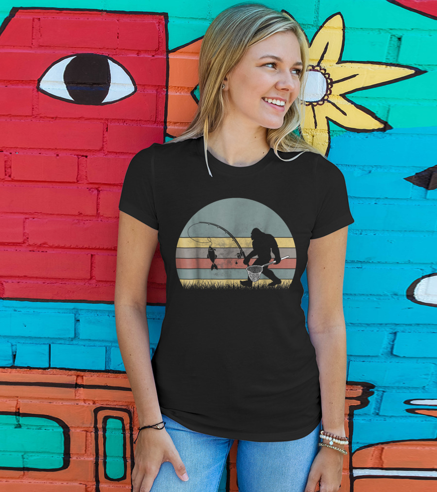 Bigfoot Fishing Retro Stripes T-Shirt