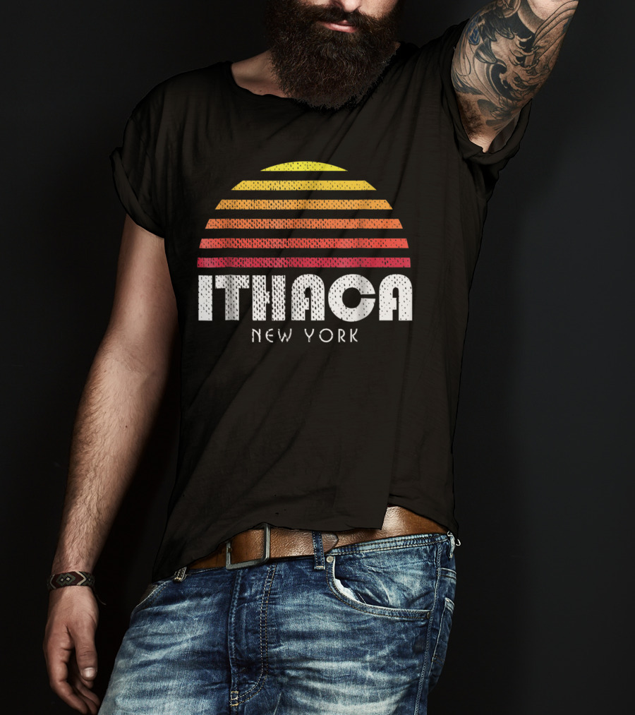 Ithaca New York Retro Striped Sunset T-Shirt