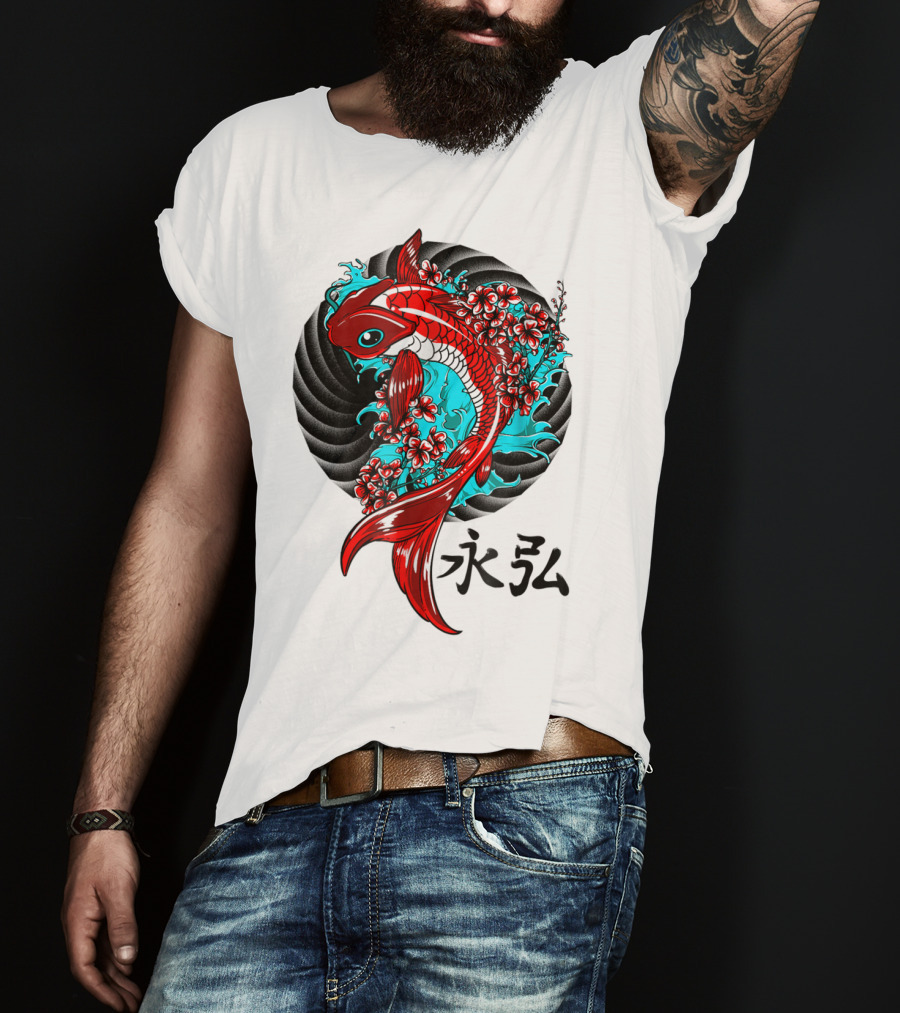 Koi Fish Floral With Japanese Characters T-Shirt
