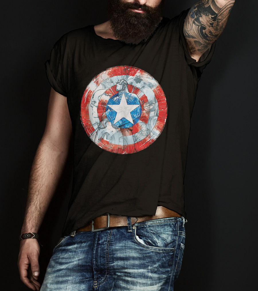 Captain America Marvel Shield With Heroic Comic Collage T-Shirt