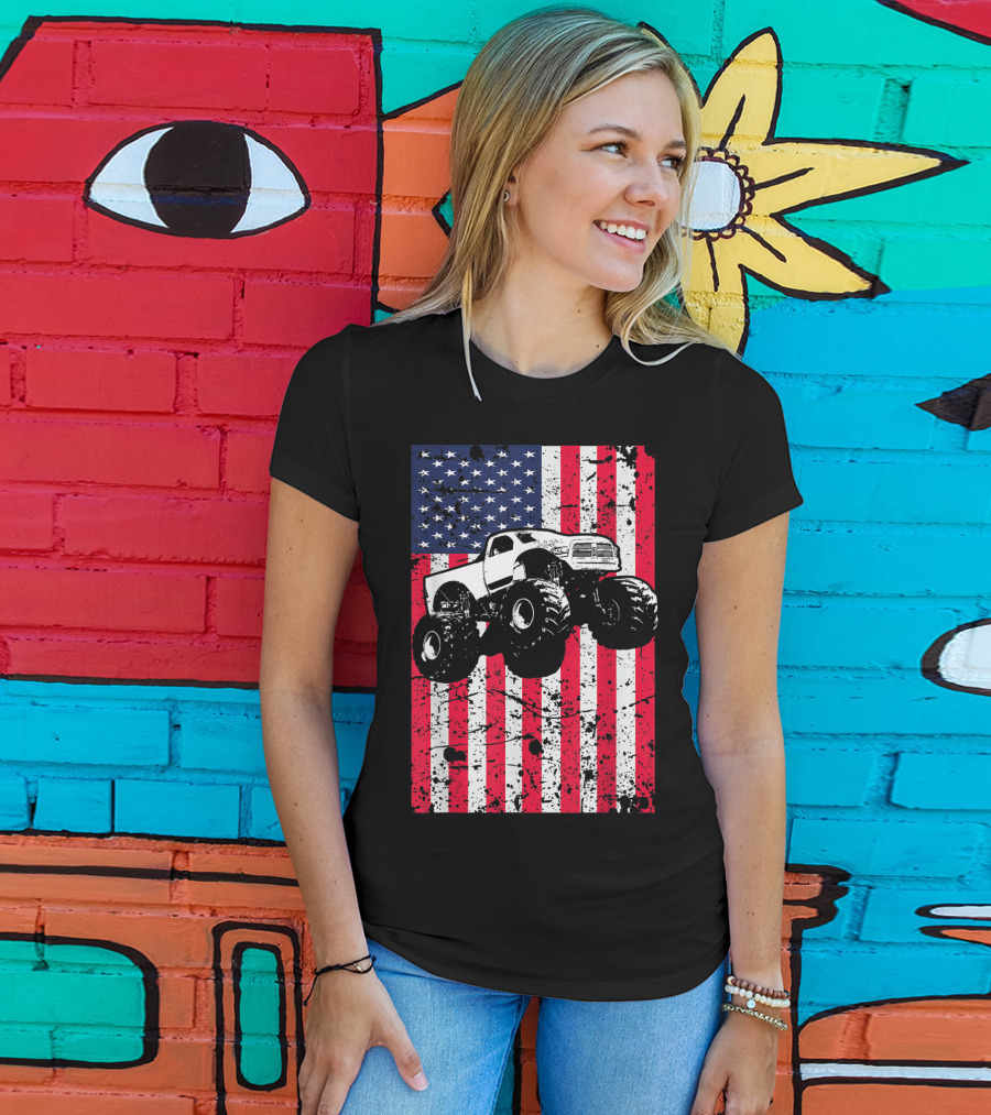 Monster Truck American Flag USA Patriotic Racing T-Shirt