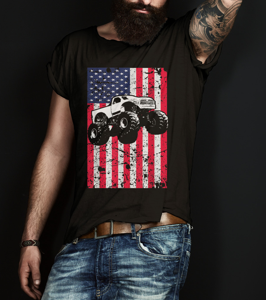 Monster Truck American Flag USA Patriotic Racing T-Shirt