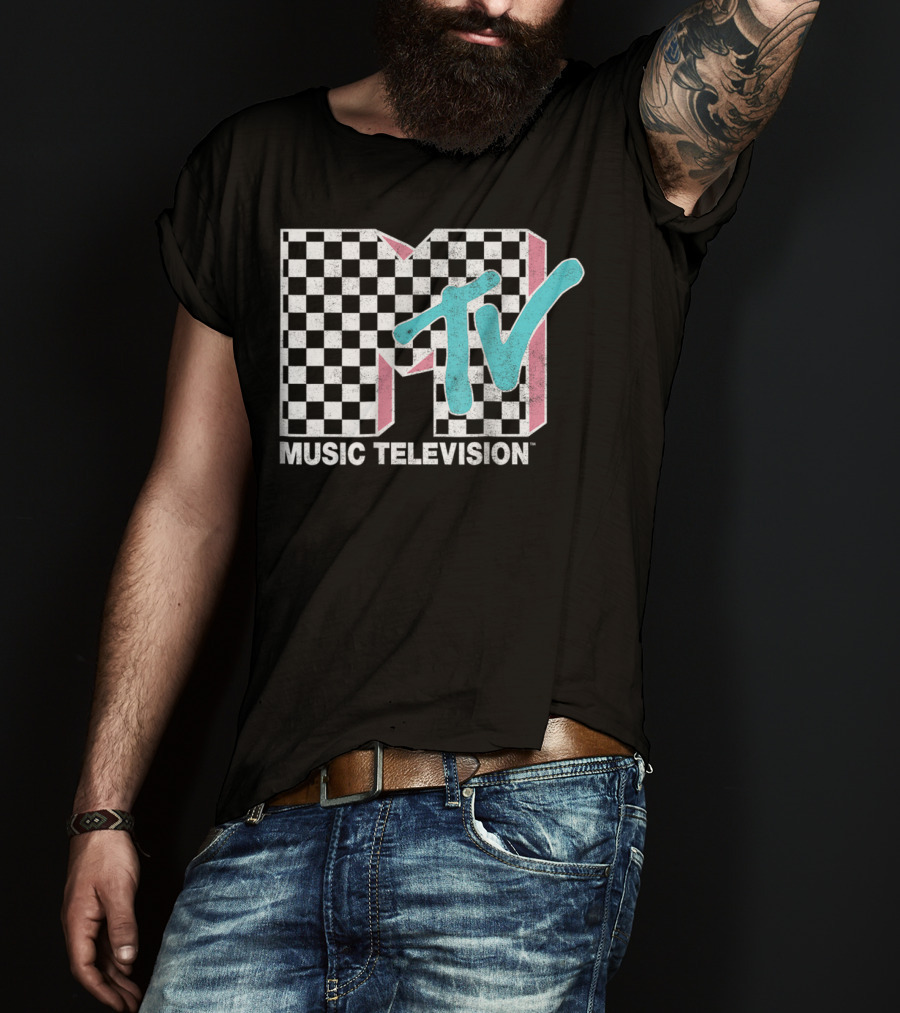 MTV Music Television Neon Distressed Checkered T-Shirt