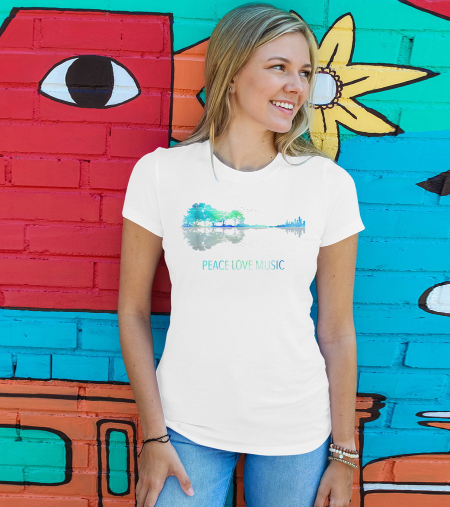 Peace Love Music Guitar Lake Shadow Tree Reflection T-Shirt