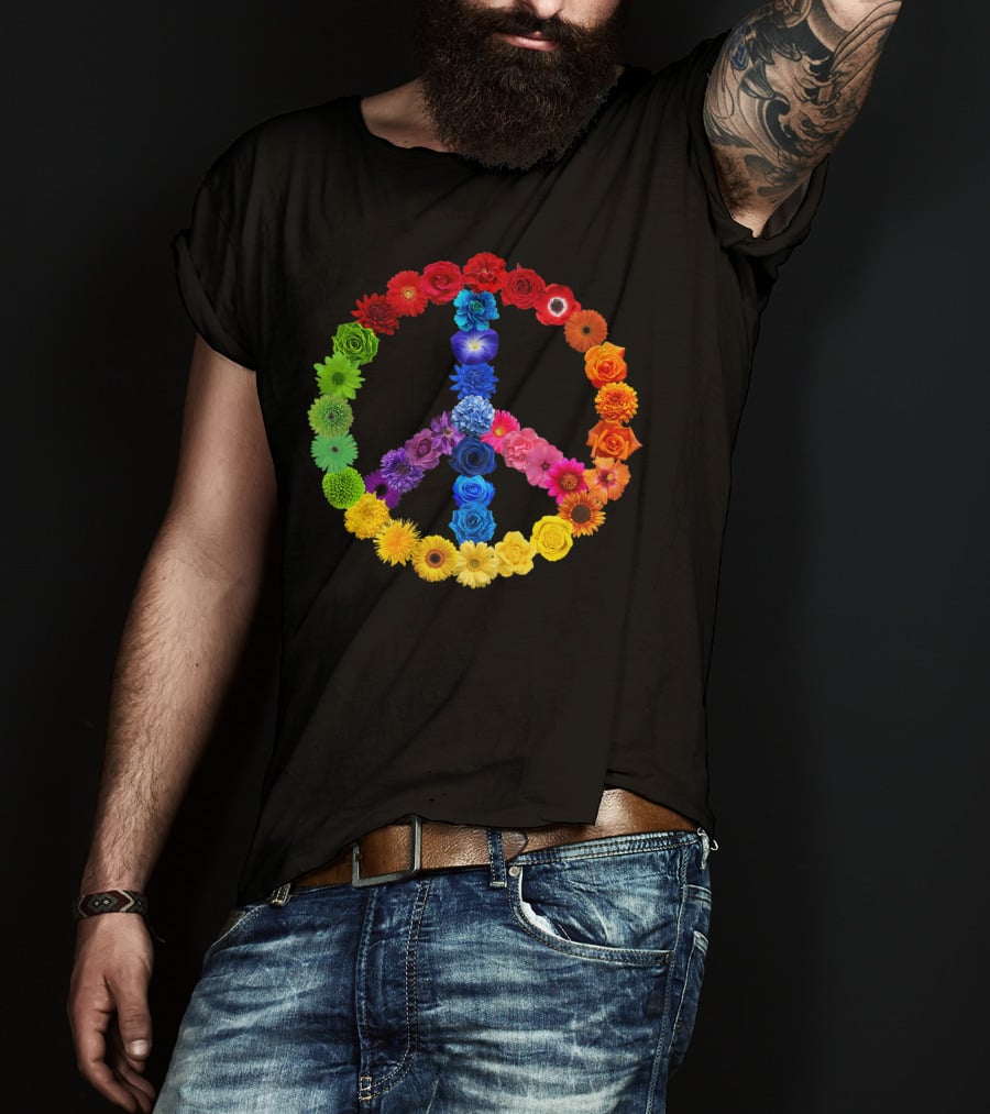 Rainbow Peace Sign Floral Love 70s 60s Retro Vibe T-Shirt