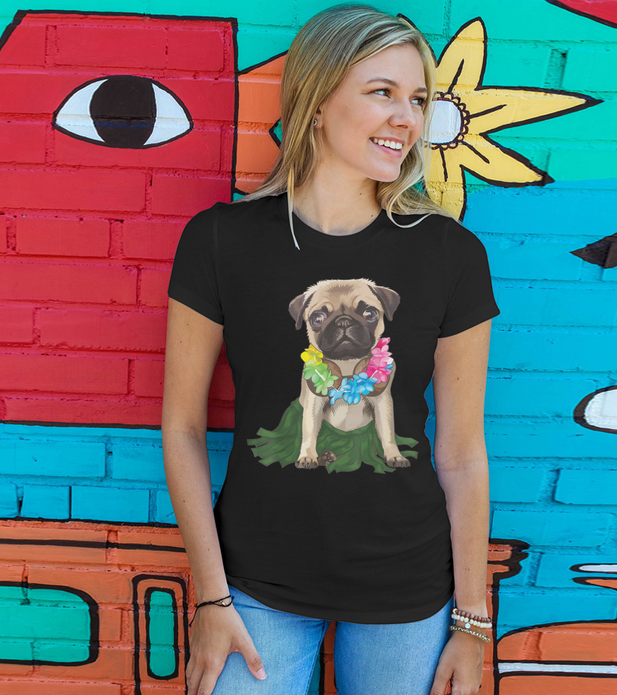 Pug Wearing Hawaiian Hula Skirt And Flower Lei Aloha Dance Animal T-Shirt