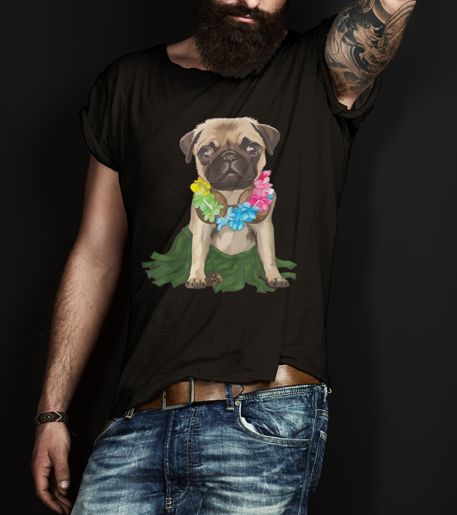 Pug Wearing Hawaiian Hula Skirt And Flower Lei Aloha Dance Animal T-Shirt