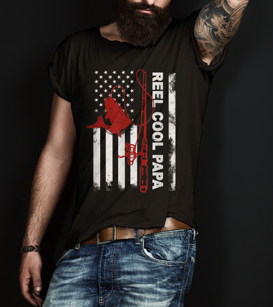 Reel Cool Papa American Flag Fishing Rod And Fish T-Shirt