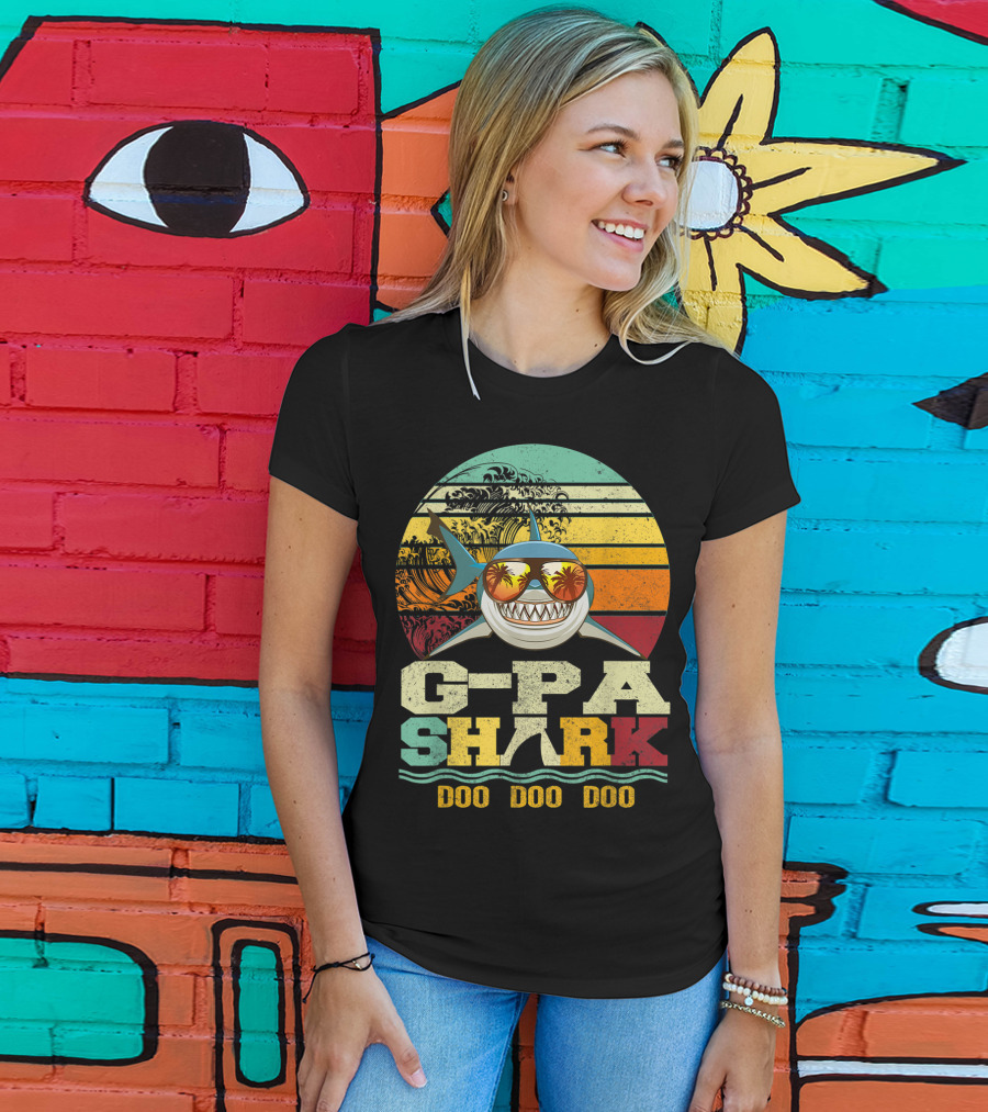 G Pa Shark Doo Doo Doo Retro Vintage Beach Sunset Wave Sunglasses Palm Trees T-Shirt