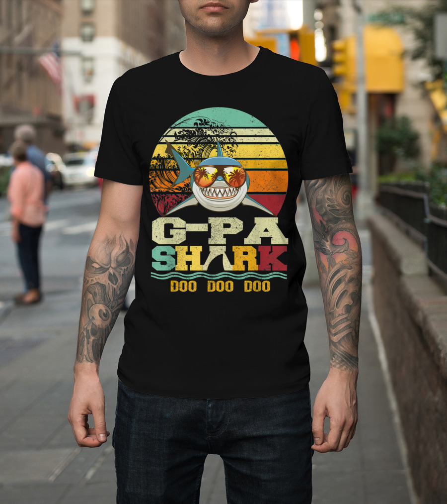 G Pa Shark Doo Doo Doo Retro Vintage Beach Sunset Wave Sunglasses Palm Trees T-Shirt