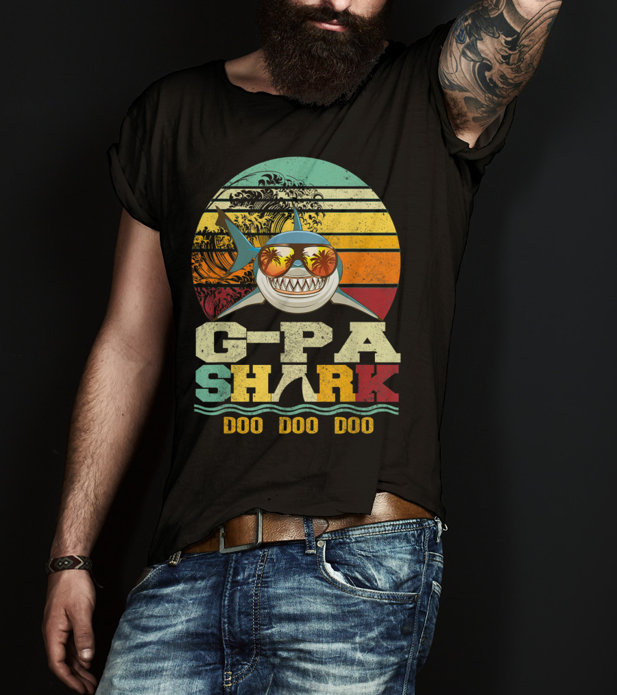 G Pa Shark Doo Doo Doo Retro Vintage Beach Sunset Wave Sunglasses Palm Trees T-Shirt