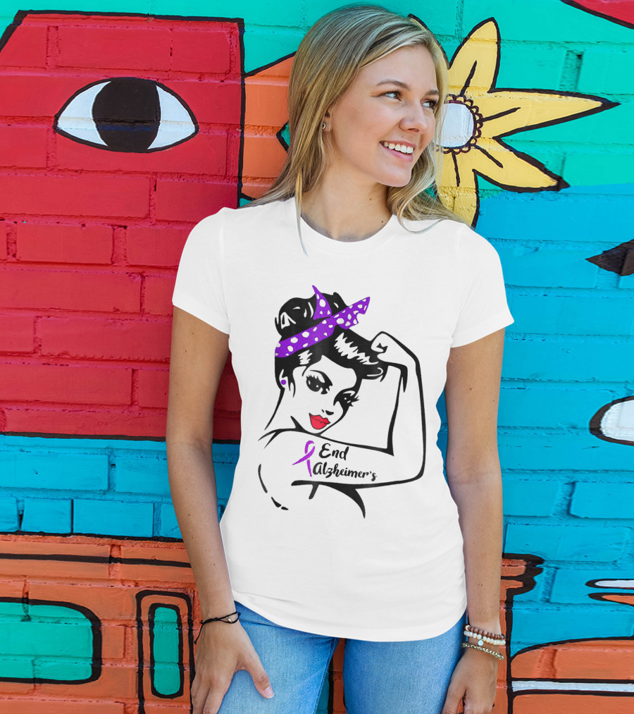 Strong Woman End Alzheimer's Awareness Purple Ribbon Rosie The Riveter T-Shirt