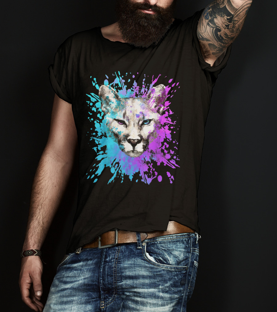 Watercolour Cougar Mountain Lion Artsy Splatter T-Shirt