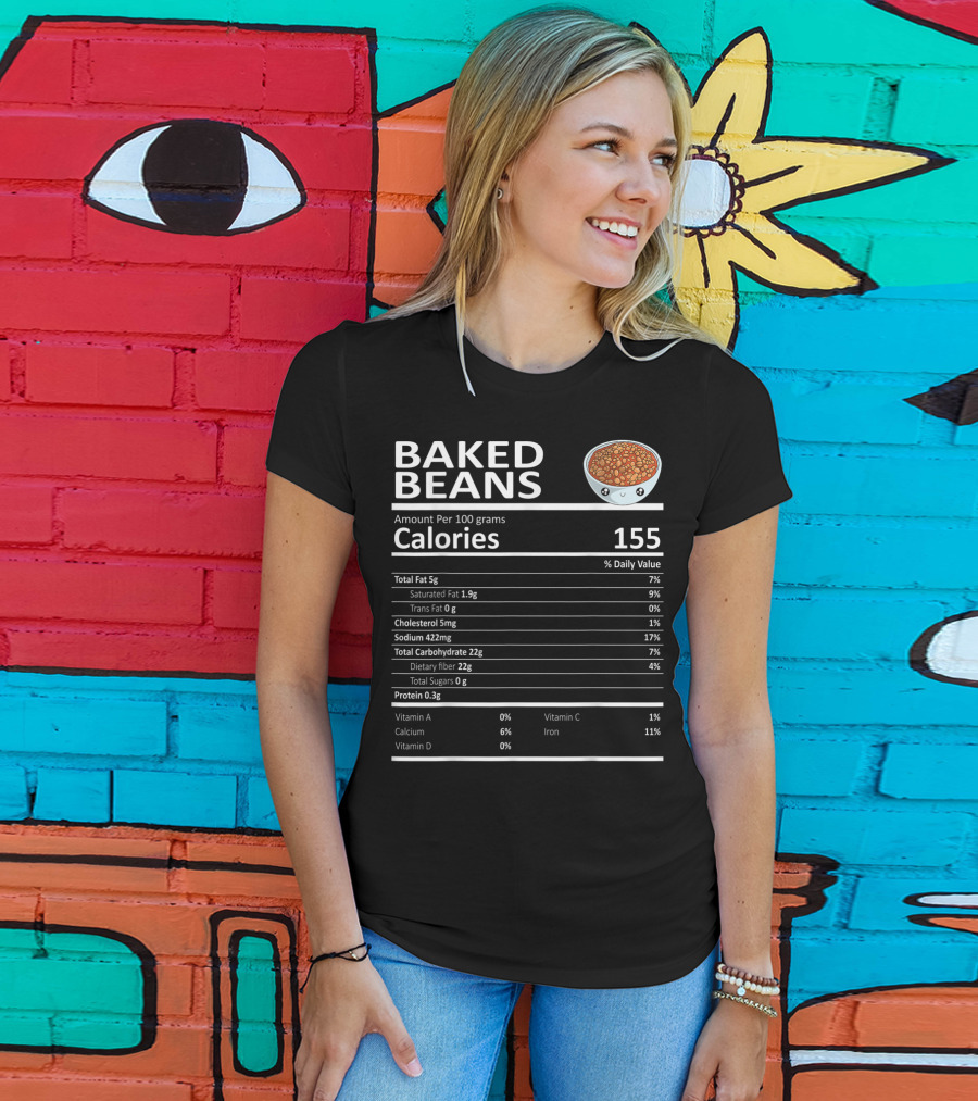 Baked Beans Nutrition Facts Cute Cartoon Calories Dietary Fiber Iron Calcium T-Shirt