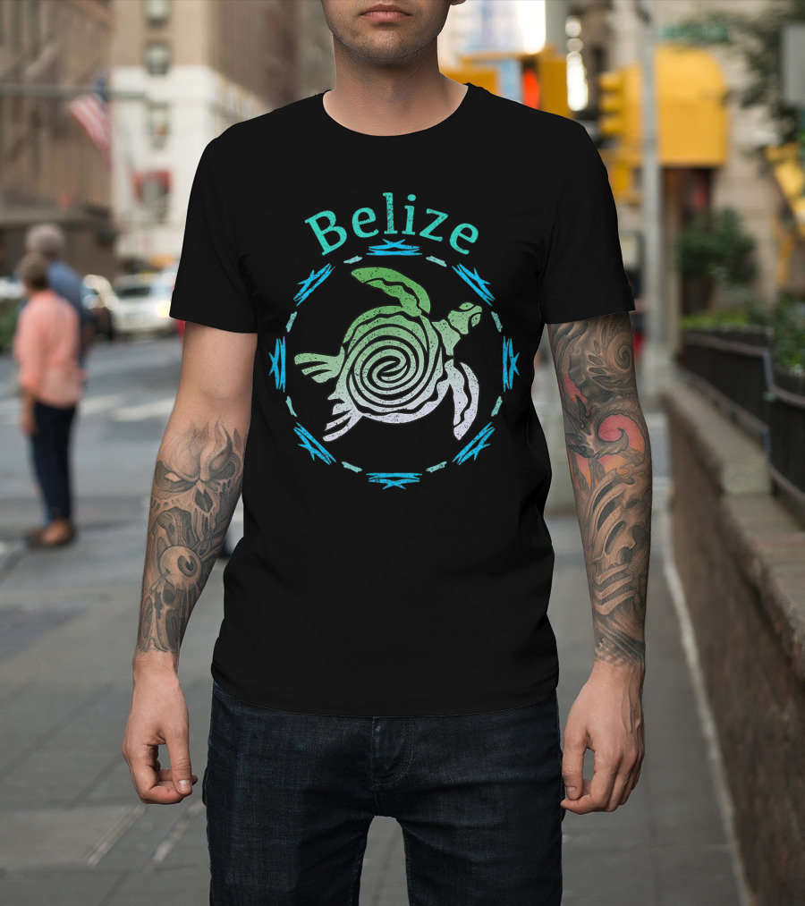 Belize Spiral Turtle With Blue Tribal Accents T-Shirt
