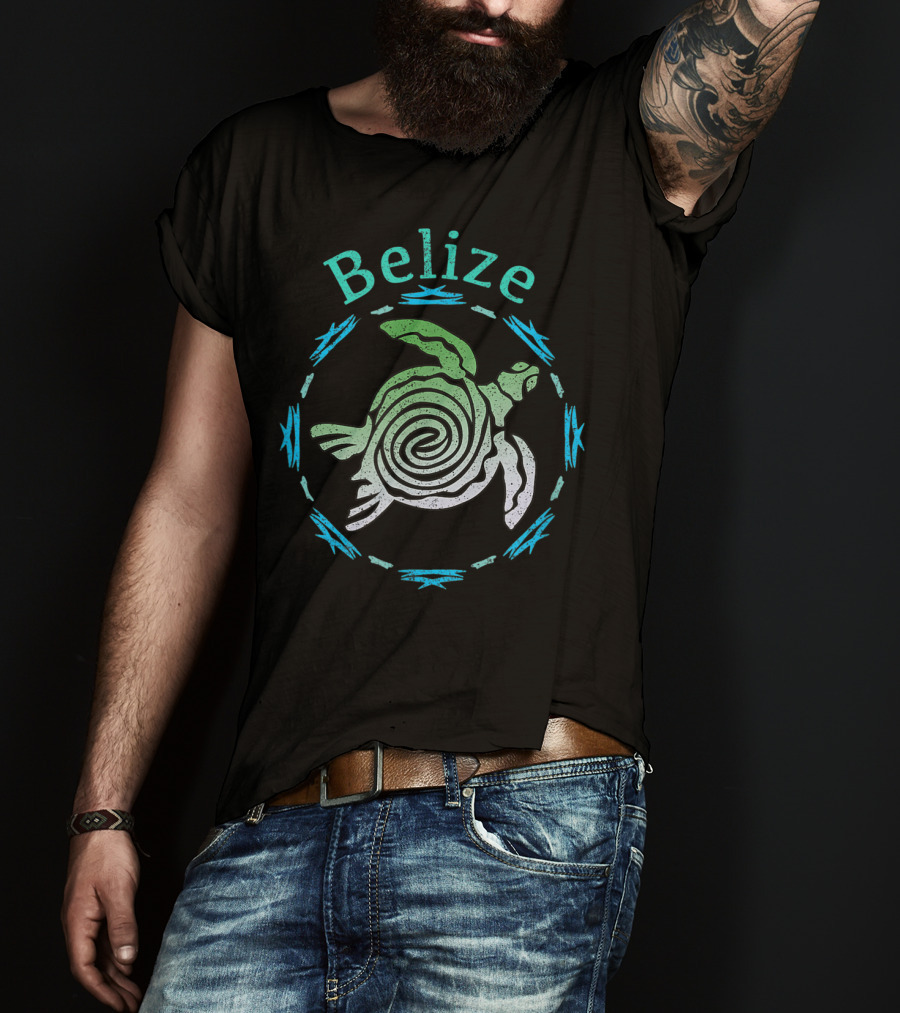 Belize Spiral Turtle With Blue Tribal Accents T-Shirt